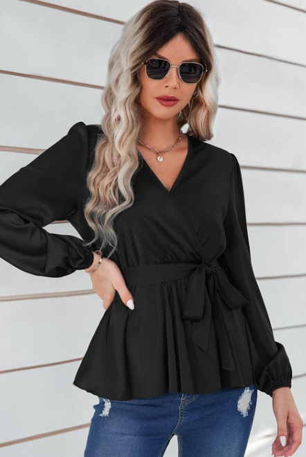 Long Sleeve Wrap Blouse